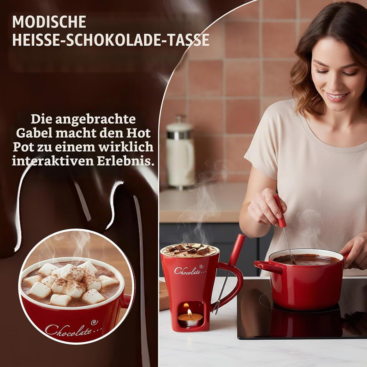 Schokofondue Tasse, 200Ml Schokoladen Fondue Becher Set - Rot